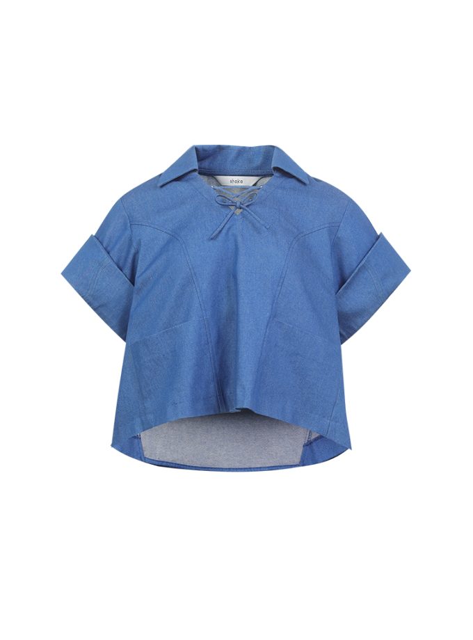 AW25 Lace-Up Denim Shirt Blouse BL-8250808<span> - </span>Blue, XL