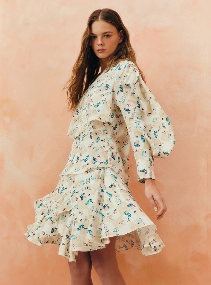 AW25 Ziggy Cut Ruffle Metro Azulejo Skirt SK-8250903