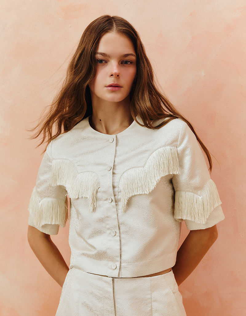 AW25 Seascape Jacquard Fringe Crop Top BL-8251110